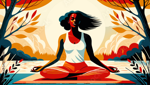 Black woman with flowing hair meditates outdoors. Vibrant colors and stylized nature scene with copy space. Dynamic peaceful composition. Concept: spiritual coaching, wellness brand, yoga apparel