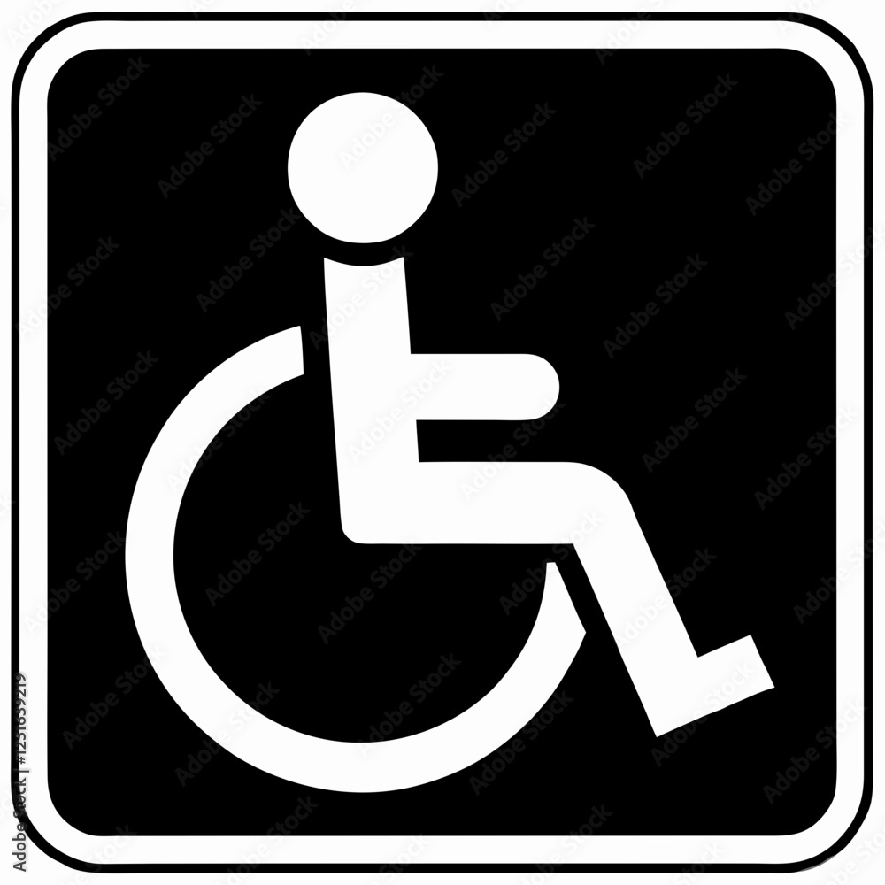 Black and white accessibility symbol shows wheelchair user in rounded square. Universal design element with high contrast. Clean geometric shape on dark background.Concept: Healthcare, Public Services Black and white accessibility symbol shows wheelchair user in rounded square. Universal design element with high contrast. Clean geometric shape on dark background.Concept: Healthcare, Public Services