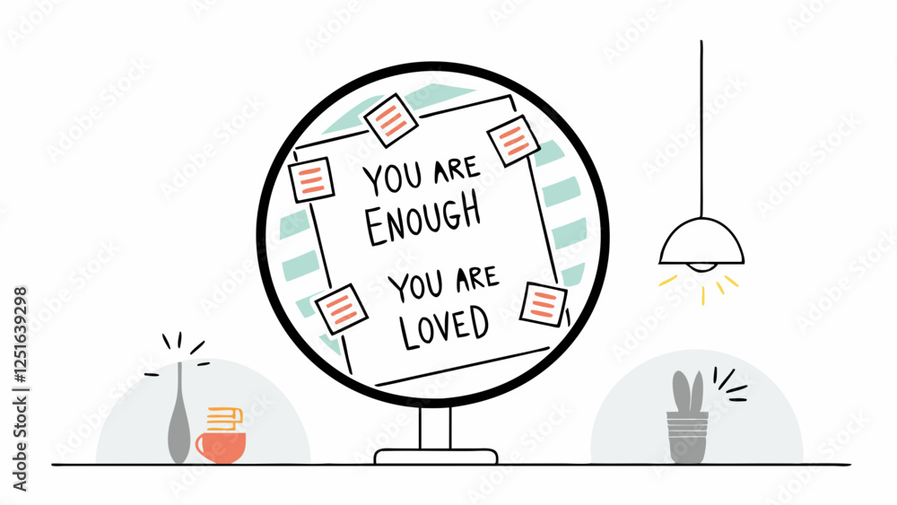 Fototapeta premium Mirror reflects positive affirmations on paper with colorful notes. Minimalist line drawing shows self-care setting. Concept: Mental Health, Personal Development, Life Coaching