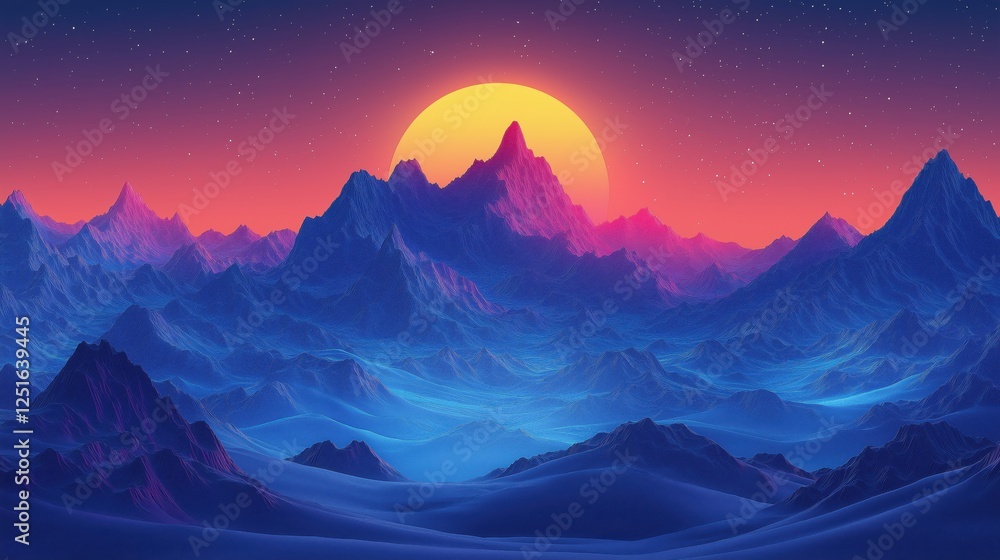 Vibrant cosmic landscape with glowing pink and blue mountains under glowing sun Vibrant cosmic landscape with glowing pink and blue mountains under glowing sun