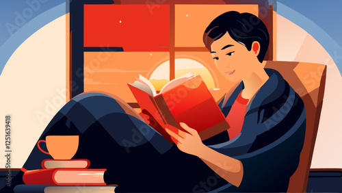 East Asian person deeply engrossed in reading as sunset bathes room in warm glow. Peaceful moment with books nearby. Perfect for text overlay. Concept: education, book publishing, mindfulness