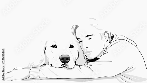 Man and golden retriever share peaceful moment in embrace. Minimalist black and white drawing captures companionship. Space for text. Concept: pet care, animal bonds