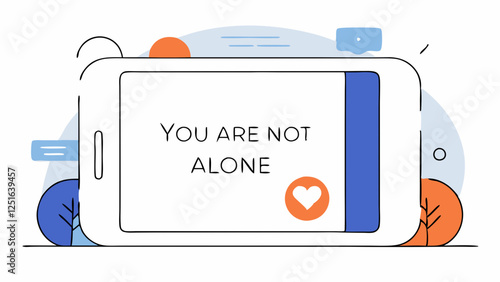 Smartphone displays comforting 'You Are Not Alone' message with heart icon. Minimalist line art design with hands cradling device. Concept of: mental health support, crisis hotline, counseling.