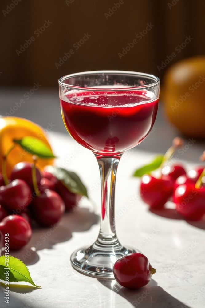 Cherry cordial in a stemmed glass, surrounded by fresh ripe cherries, and some oranges in background Cherry cordial in a stemmed glass, surrounded by fresh ripe cherries, and some oranges in background