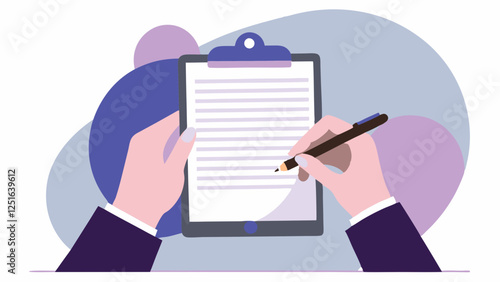 Purple-suited hands carefully fill out paperwork on clipboard. Professional office setting with abstract background provides copy space. Concept: Business Services, HR Solutions, Legal Documentation