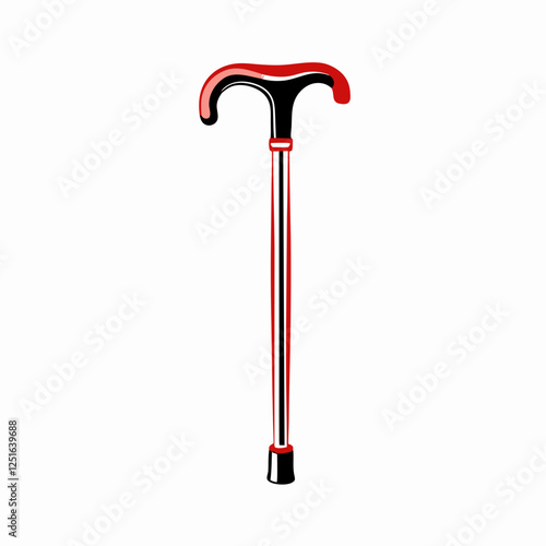 Sleek silver mobility cane with ergonomic red T-shaped handle against white background. Essential mobility aid shown in minimalist style. Concept of: mobility solutions, assistive technology