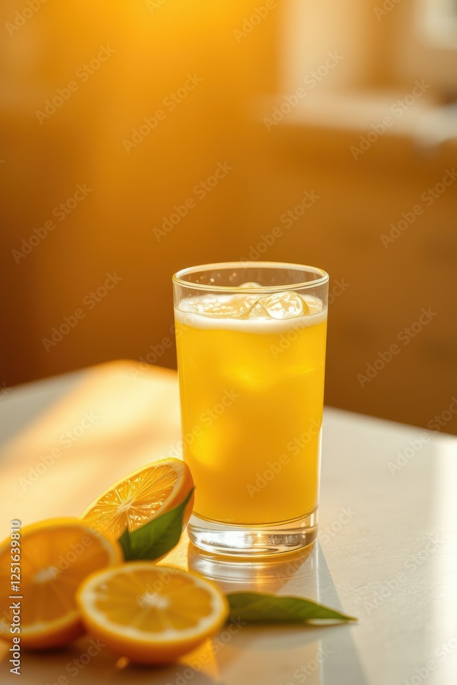 Refreshing glass of orange juice with ice and sliced oranges, backlit by bright natural light, minimal setting. Refreshing glass of orange juice with ice and sliced oranges, backlit by bright natural light, minimal setting.