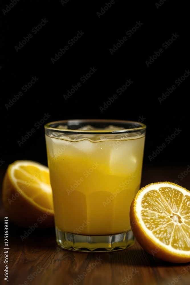 Refreshing citrus drink with lemon slices and ice in a glass against dark background, vibrant and inviting. Refreshing citrus drink with lemon slices and ice in a glass against dark background, vibrant and inviting.