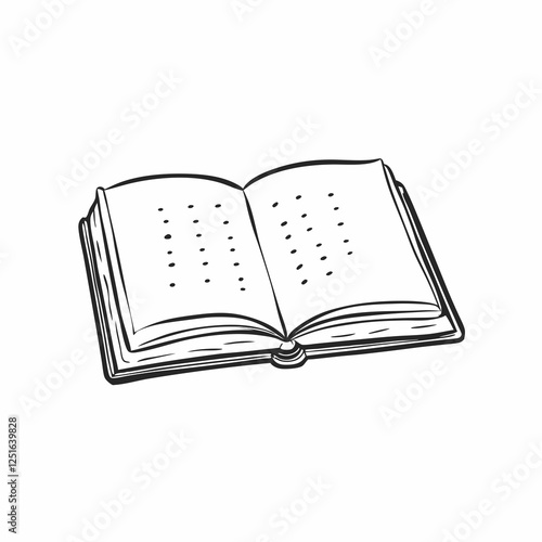 Hand-drawn sketch of open book displaying Braille text pattern. Simple line art captures tactile reading experience in minimalist style. Concept of: literacy education, accessible learning, publishing