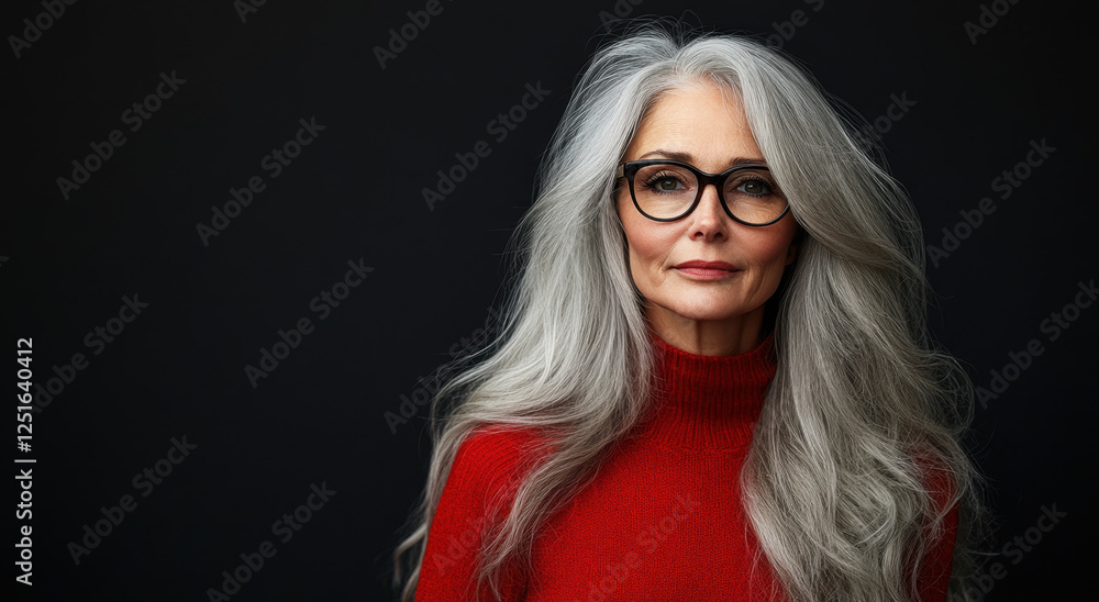 A beautiful senior woman with long silver hair and glasses poses against a dark background while wearing a cozy red sweater A beautiful senior woman with long silver hair and glasses poses against a dark background while wearing a cozy red sweater