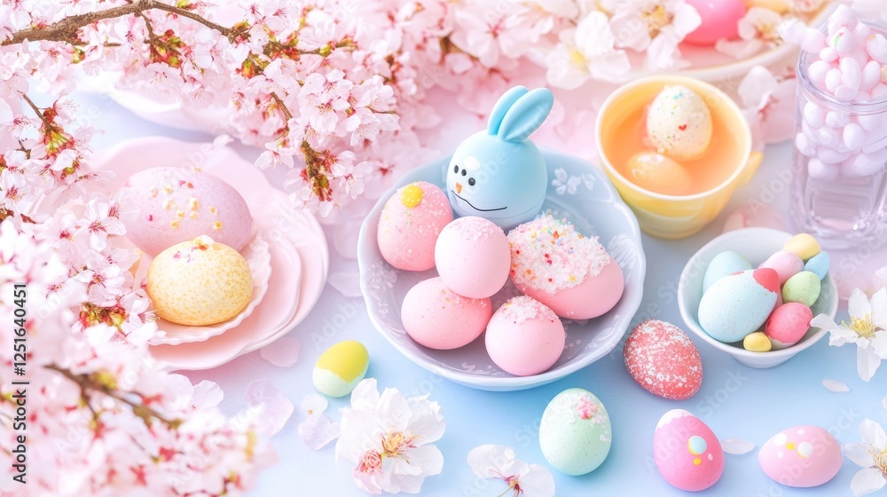 Decorated Easter Eggs and a Cute Bunny Decoration with Cherry Blossoms in Spring Mood. Decorated Easter Eggs and a Cute Bunny Decoration with Cherry Blossoms in Spring Mood.
