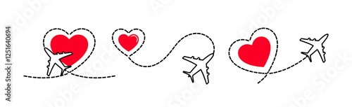 illustration depicts a dynamic set of planes in flight, symbolizing love and adventure. A heart motif emphasizes the theme of honeymoon and the joy of travel together. Perfect for romantic journeys.