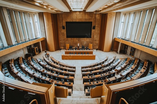 Interior views of parliamentary halls and state houses, symbolizing political decision-making spaces. AI generated image