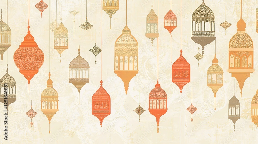 Hanging decorative lanterns in shades of orange beige and brown against a cream backdrop Hanging decorative lanterns in shades of orange beige and brown against a cream backdrop
