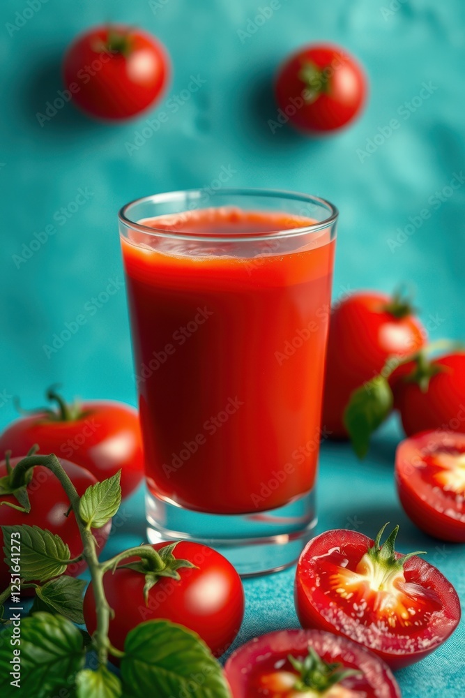 Freshly squeezed tomato juice surrounded by ripe tomatoes against a blue background. Healthy beverage. Freshly squeezed tomato juice surrounded by ripe tomatoes against a blue background. Healthy beverage.