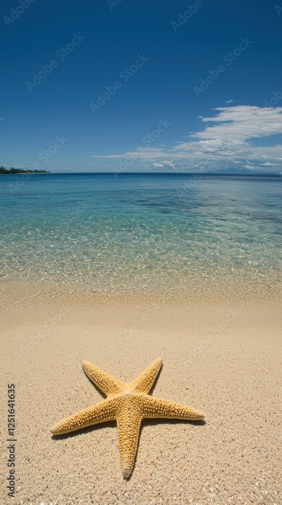 Starfish on beach, ocean, blue sky, vacation, seascape Starfish on beach, ocean, blue sky, vacation, seascape