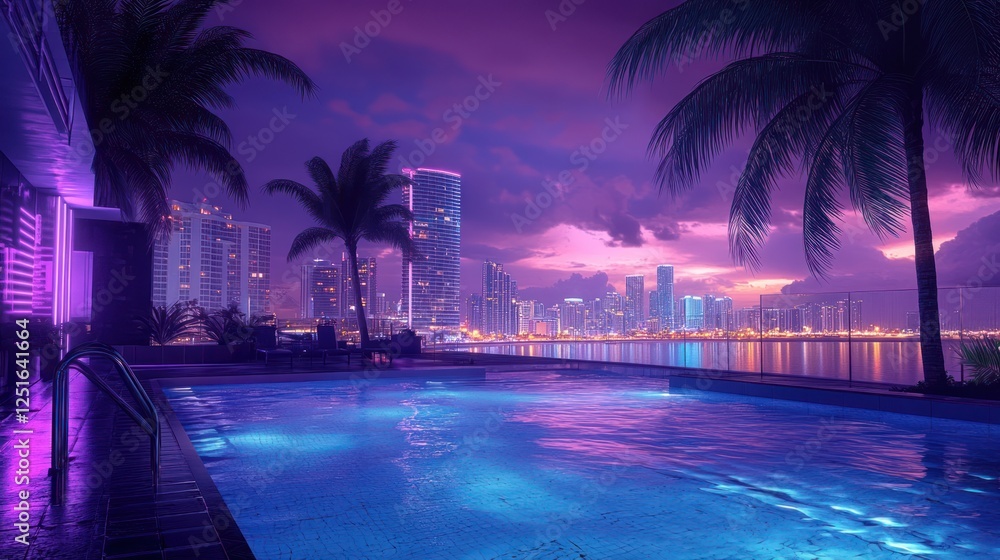 Fototapeta premium Night Poolside Cityscape Tropical luxury villa with pool, illuminated at dusk, overlooking vibrant city skyline