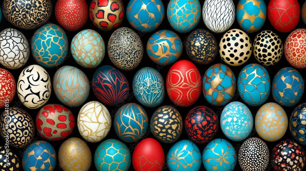 Decorated Easter Eggs Arrayed On Solid Black Background With Various Gold Colored Patterns. Decorated Easter Eggs Arrayed On Solid Black Background With Various Gold Colored Patterns.