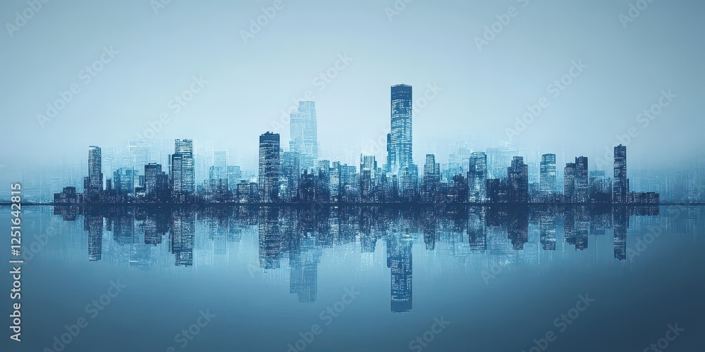 Fototapeta premium Blue toned cityscape reflected in calm water surface creates serenity