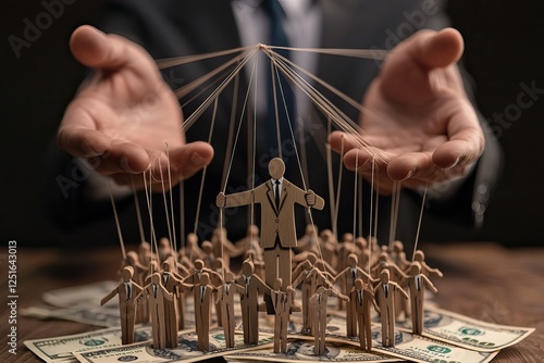 Marionette figures controlled by strings in a symbolic representation of power and manipulation in politics. AI generated image photo