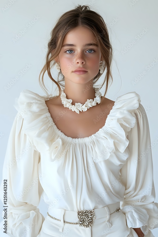 Young Caucasian woman in romantic white ruffled blouse with statement floral necklace and ornate belt, soft natural makeup and upswept hair against light background. Young Caucasian woman in romantic white ruffled blouse with statement floral necklace and ornate belt, soft natural makeup and upswept hair against light background.