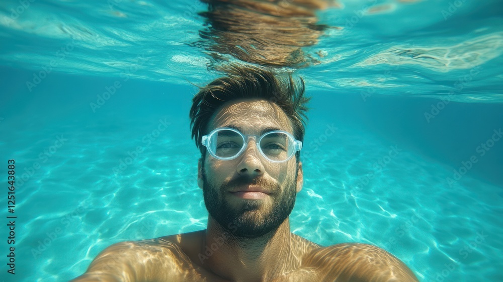 Naklejka premium Underwater selfie, man, pool, summer, sun, turquoise, calm, relaxation, vacation