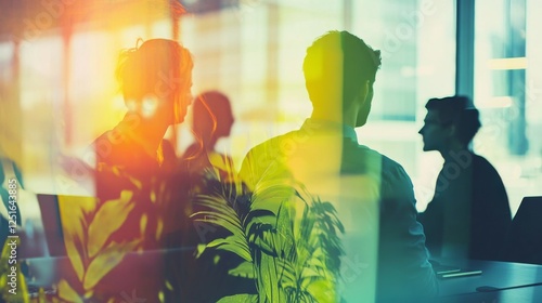 Collaborative team of business professionals working together in modern office setting, double exposure effect, ideal for corporate and teamwork-themed banner designs