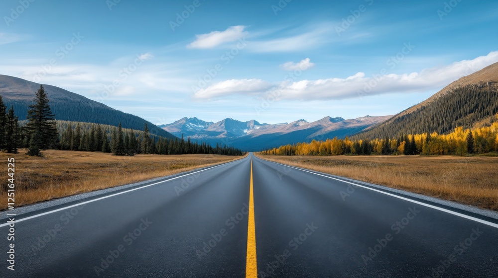 Serene Empty Highway Stretching Through Majestic Mountain Landscape Under Clear Blue Sky Serene Empty Highway Stretching Through Majestic Mountain Landscape Under Clear Blue Sky