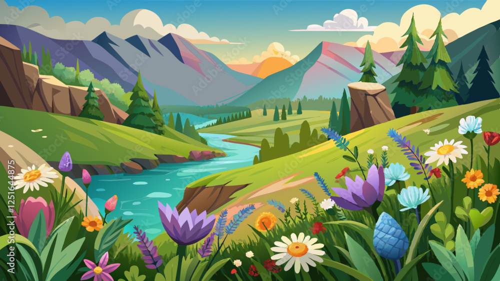 Fototapeta premium Wildflowers bloom beside a river valley