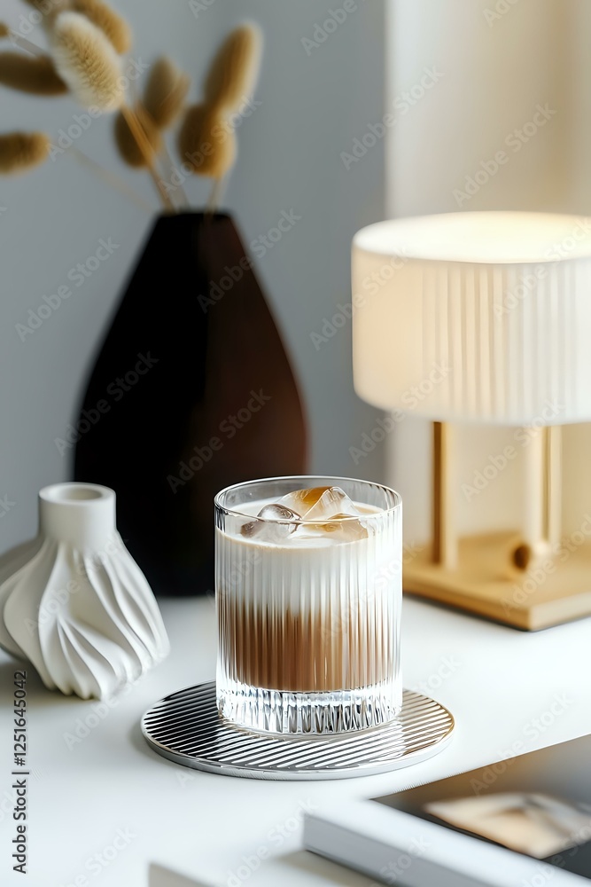Iced latte with cream in textured glass on striped coaster, styled with modern minimalist decor including black vase, white ceramic, and table lamp on white surface. Iced latte with cream in textured glass on striped coaster, styled with modern minimalist decor including black vase, white ceramic, and table lamp on white surface.