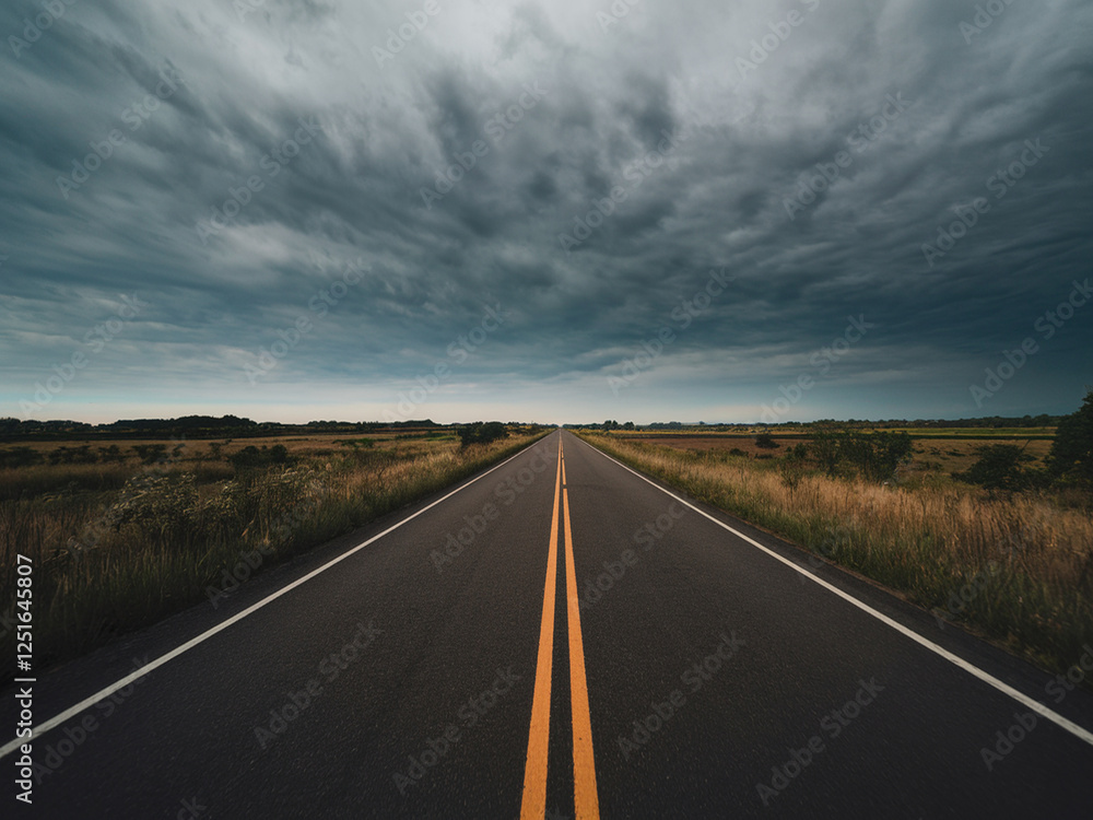 Naklejka premium Realistic image of an empty straight road with vivid yellow centerline, framed by lush grass and wild vegetation, under dramatic storm clouds casting soft shadows