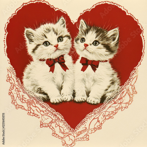 Vintage Valentine-themed kitten illustration in 1950s-1970s greeting card style, perfect for classic cat ephemera lovers
