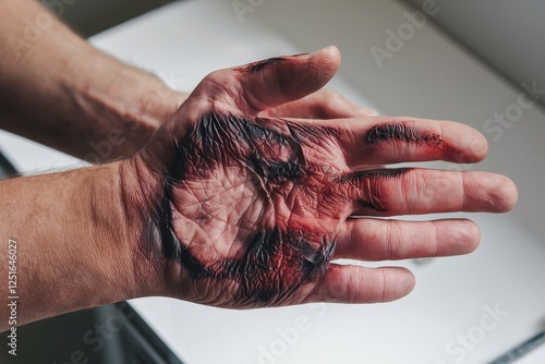 Close-up of a pair of hands stained with dark, reddish-brown substance, possibly paint or ink. The texture of the skin is clearly visible. photo