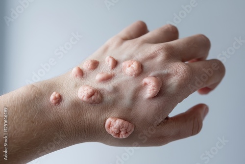 Close-up view of a hand with keloids, a type of raised scar tissue. The image shows the texture and appearance of the keloids on the skin. photo