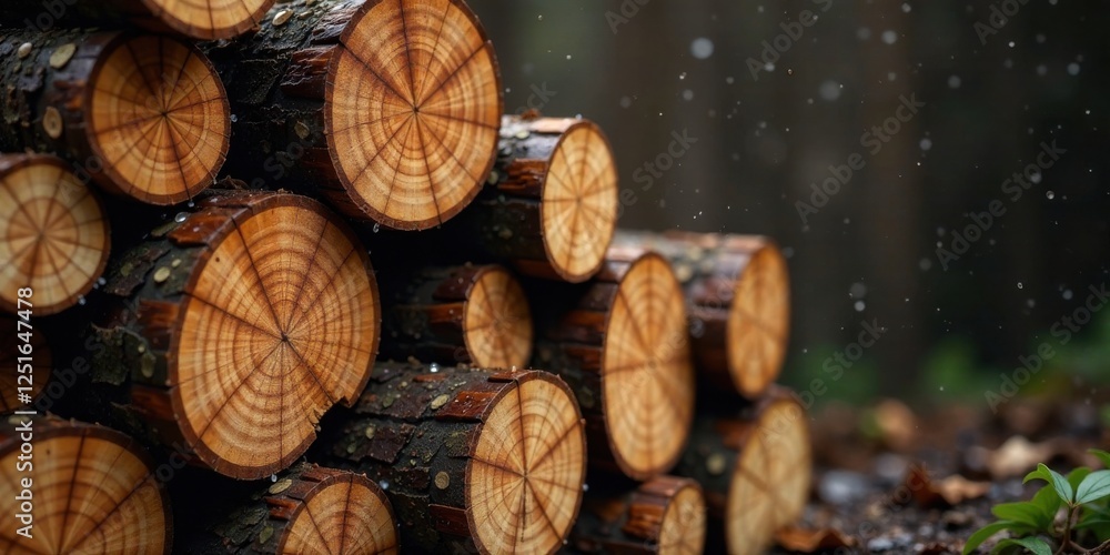 Stack of freshly cut logs in a forest, glistening with raindrops, a serene scene of nature's bounty and resourcefulness Stack of freshly cut logs in a forest, glistening with raindrops, a serene scene of nature's bounty and resourcefulness