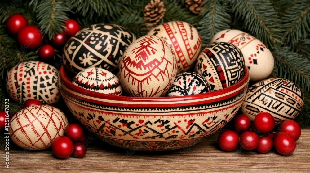 Decorated Eggs In Bowl With Pine Branches And Red Berries For Easter Celebration Setting. Decorated Eggs In Bowl With Pine Branches And Red Berries For Easter Celebration Setting.