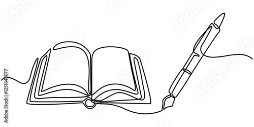 book with pen icon continuous one line drawing, Lessons Learned Continuous Line Editable Icon, Continuous line drawing of book opening vector illustration, Continuous one line drawing book with pen. 