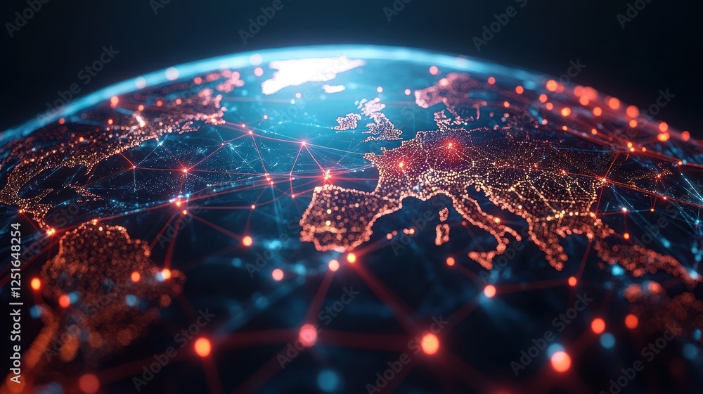 Fototapeta premium Global Network Data Flow, Europe Focus, Night, Digital