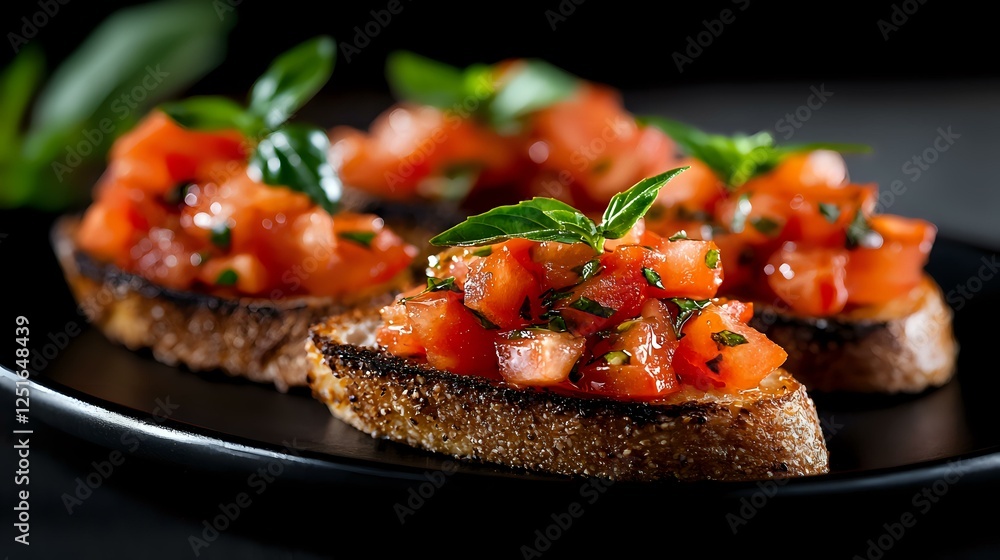 Fresh tomato bruschetta with basil and herbs on toasted bread slices against dark background, close up view of traditional Italian appetizer garnished with herbs. Fresh tomato bruschetta with basil and herbs on toasted bread slices against dark background, close up view of traditional Italian appetizer garnished with herbs.