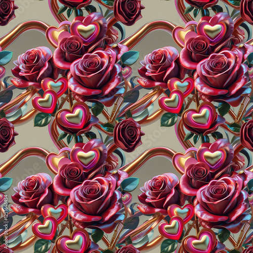 Intricate floral love pattern with vibrant roses and hearts radiating passion against a dark background