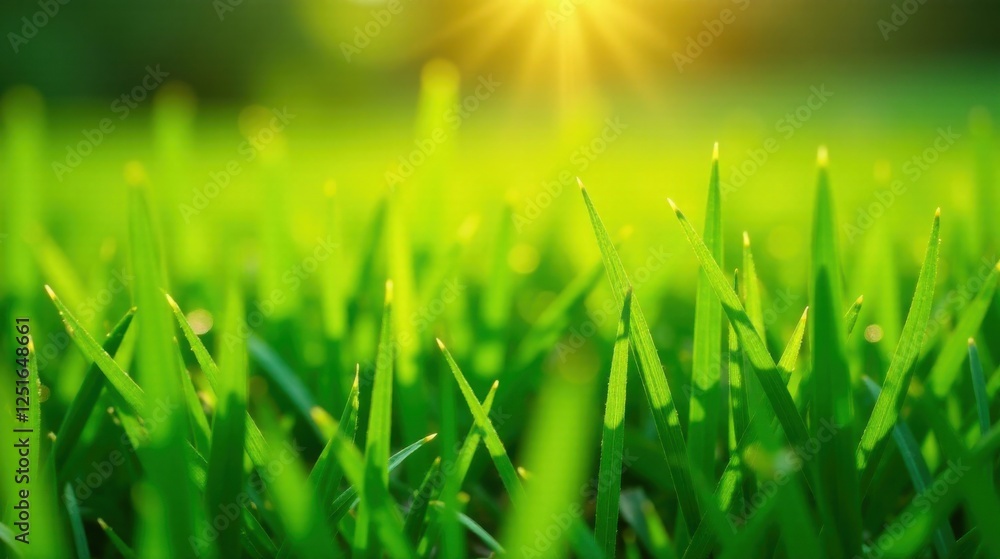 Fototapeta premium Vibrant Green Blades of Grass Illuminated by Golden Sunlight, a Close-Up View of Nature's Beauty