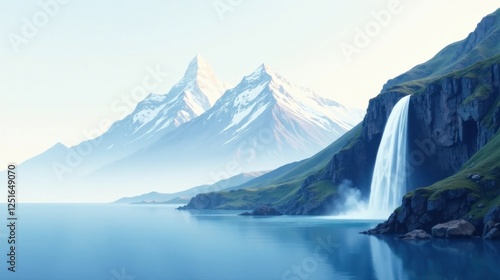 Wallpaper Mural Serene Waterfall cascading into a tranquil lake, nestled amidst majestic snow-capped mountains under a soft, pale sky Torontodigital.ca