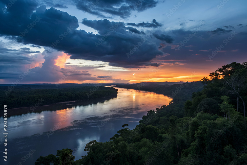 Fototapeta premium Sunset Over River Through Forest Landscape Photography View With Cloudscape
