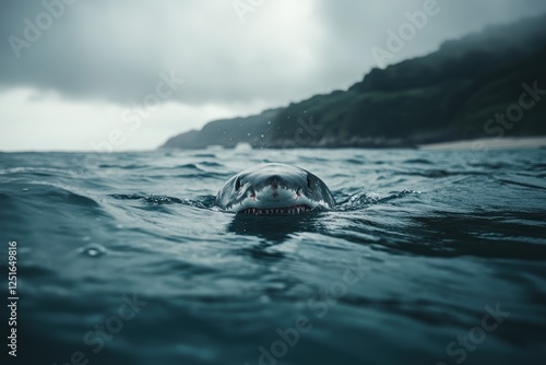 Wallpaper Mural Shark's head emerging from dark ocean water near a coastline under a cloudy sky. Torontodigital.ca