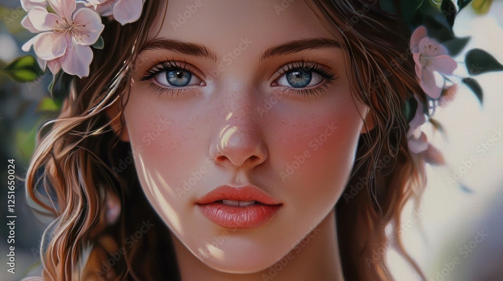 A Digital Painting of a Woman with Flowers in Her Hair A Digital Painting of a Woman with Flowers in Her Hair