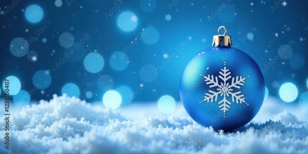A Festive Blue Bauble Adorned with a Snowflake Rests Gently on a Bed of Sparkling Snow Against a Dreamy Blue Bokeh Background A Festive Blue Bauble Adorned with a Snowflake Rests Gently on a Bed of Sparkling Snow Against a Dreamy Blue Bokeh Background