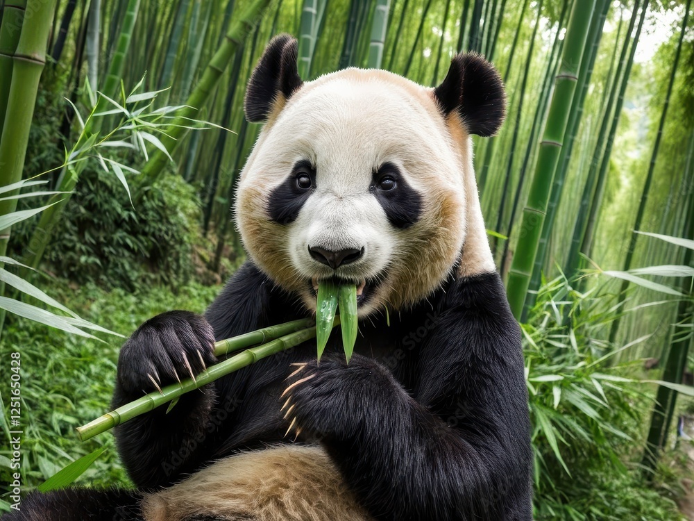 Fototapeta premium A playful panda enjoys a meal amidst a lush bamboo forest