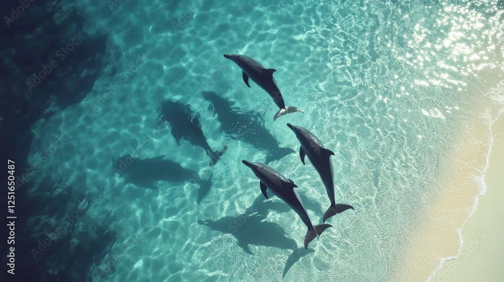 Obraz premium A stunning aerial view of dolphins splashing and playing in the shallow waters of a clear tropical sea, their shadows visible on the white sand below