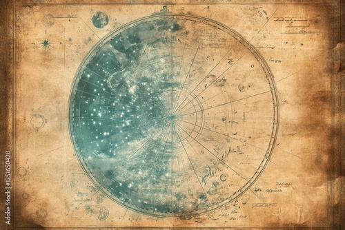 Antique celestial map displaying constellations against a textured background photo