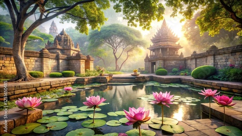Serene garden with lotus flowers surrounded by high stone walls and ancient trees, symbolizing spiritual growth and inner peace in an Indian ashram setting, temple, water features